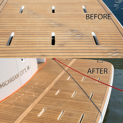 Before and after using teak cleaner to remove rope burn on teak